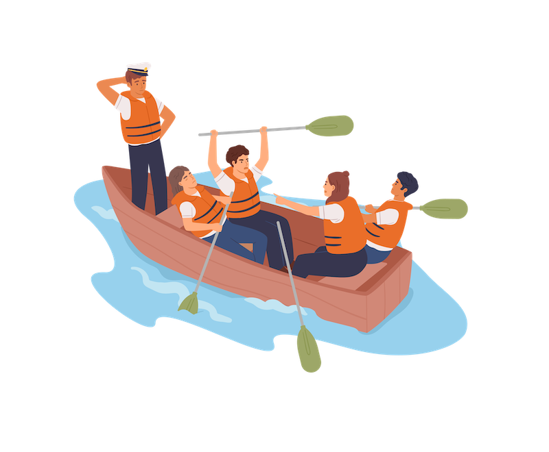 rowboat with team rowing in different directions