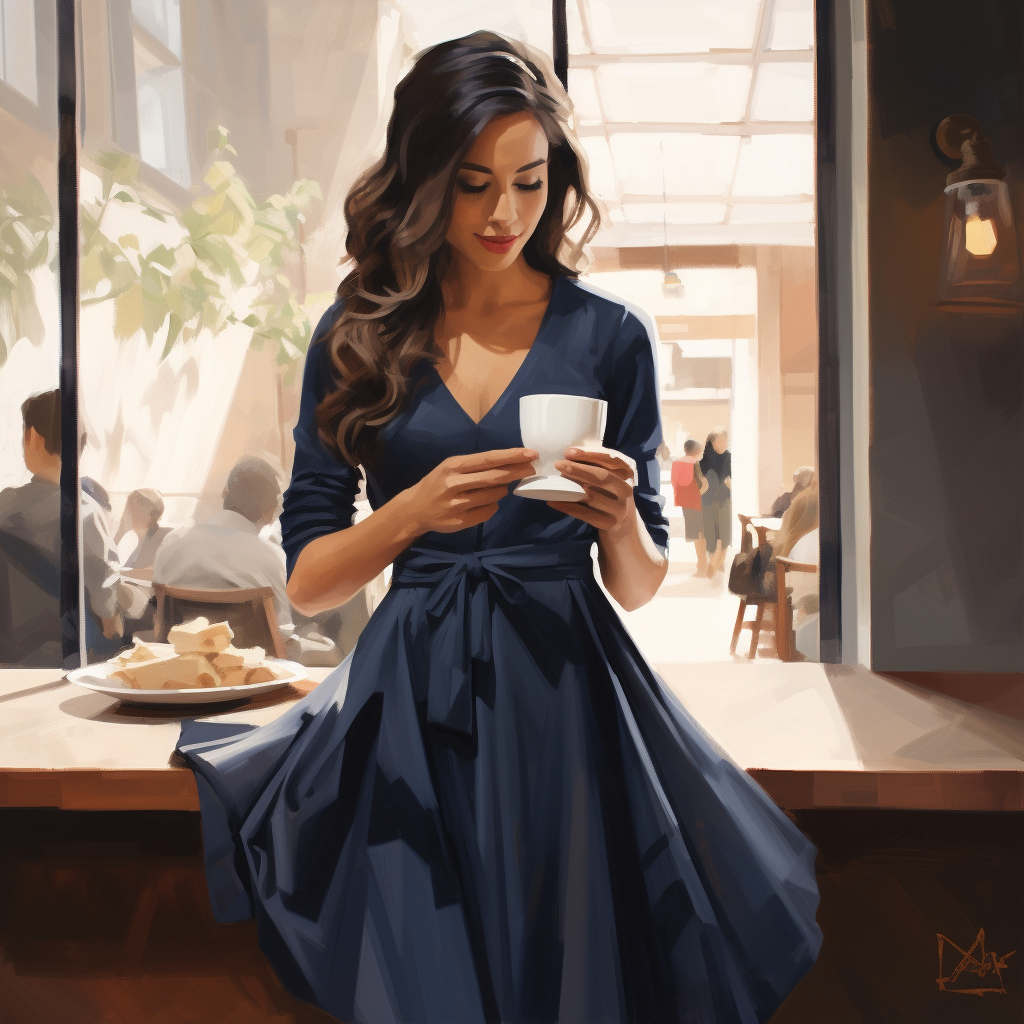 woman drinking coffee wearing travel dress
