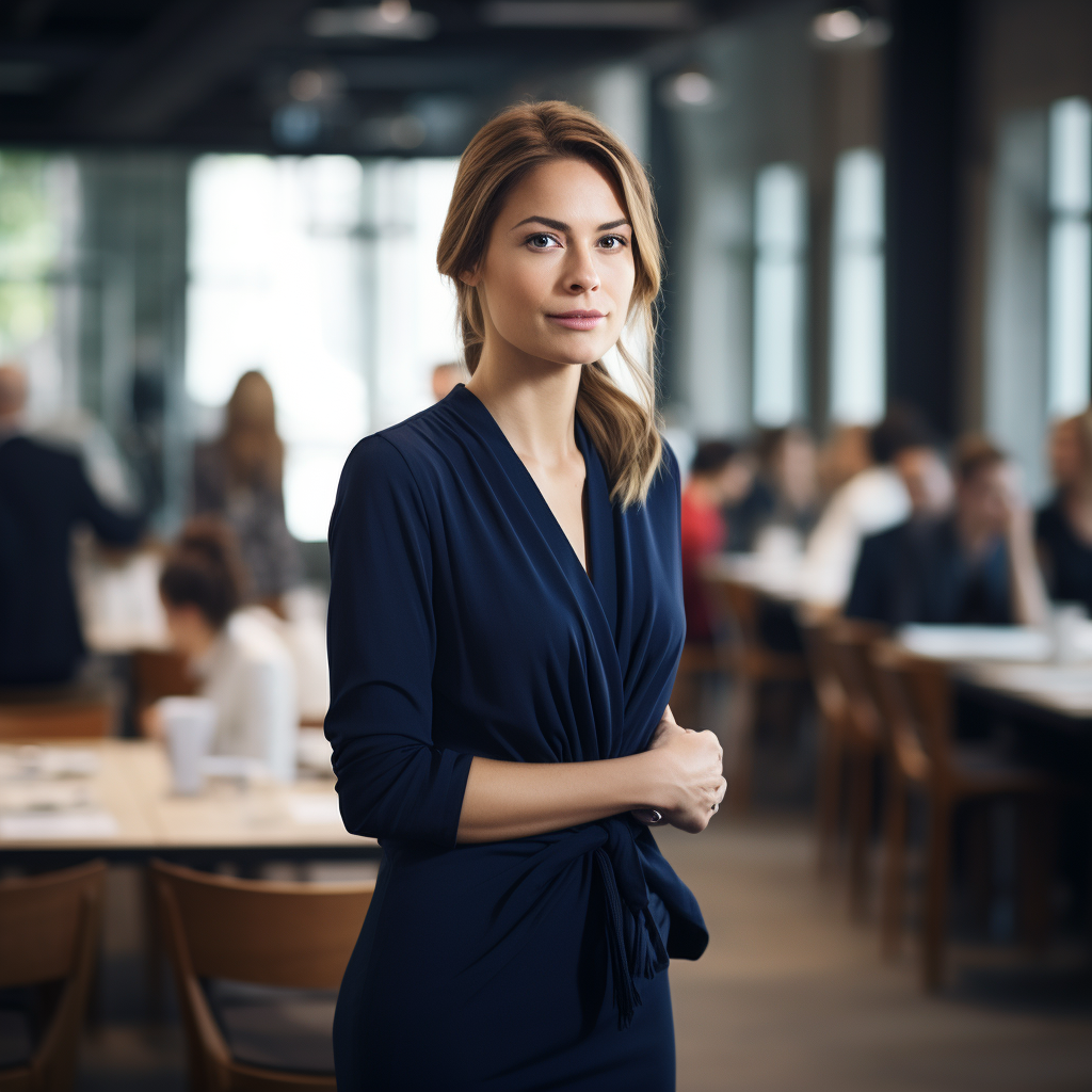 a woman in a work meeting wear a navy dress