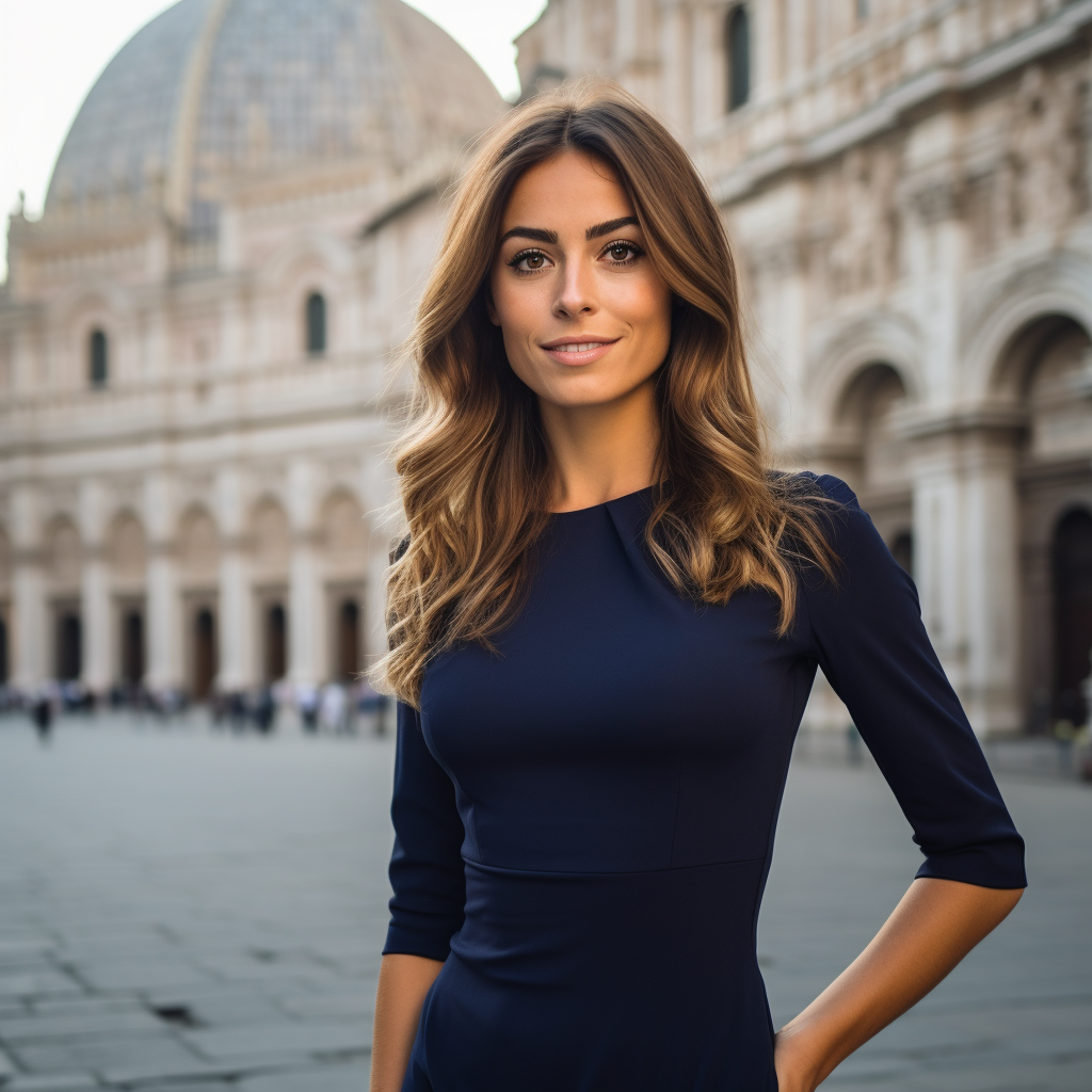a woman wearing a 3/4 sleeve, knee length, scoop neck, navy dress, italian cathedral in background